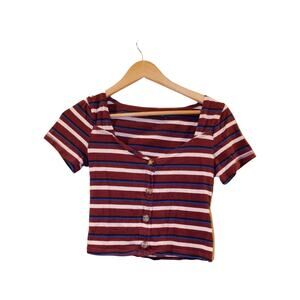Abercrombie & Fitch Square-Neck Button-Up Top burgundy stripes